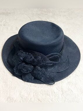Vintage Charter Club Navy Structured Floral Trim Straw Hat Derby High Tea Church